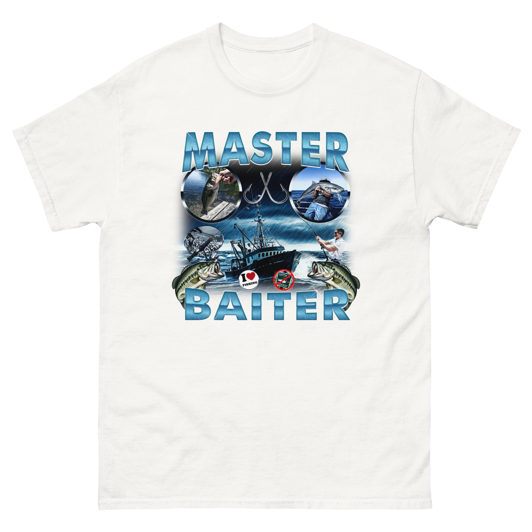 master baiter funny fishing graphic tshirt white